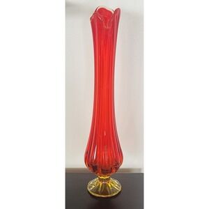 MCM L.E. Smith Amberina Glass Swung Pedestal Vase Ribbed 18" Vintage Mid Century